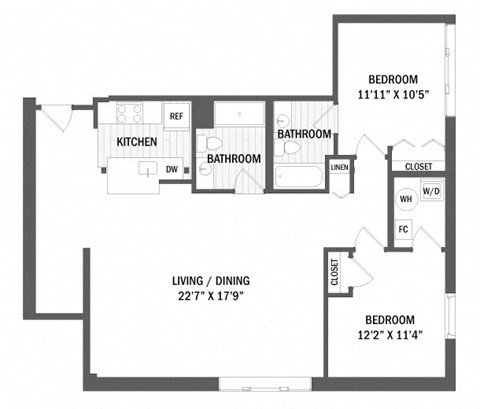 Floor plan for 2 beds, 2 baths, 1112 sqft
